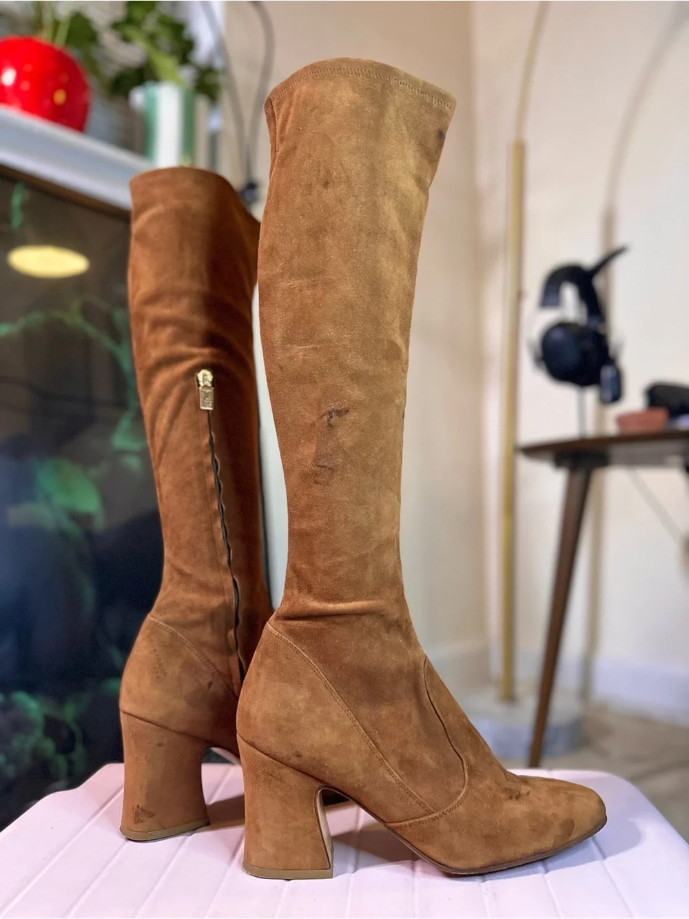 Vintage Biba size 9 Cognac Suede Over-the-Knee Block Heel Boots